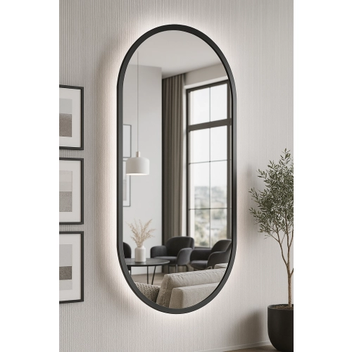Lustro VELVET OVAL – Owalne Lustro w Matowej Czarnej Ramie MDF z podświetleniem LED do Sypialni, Przedpokoju i Salonu Biura